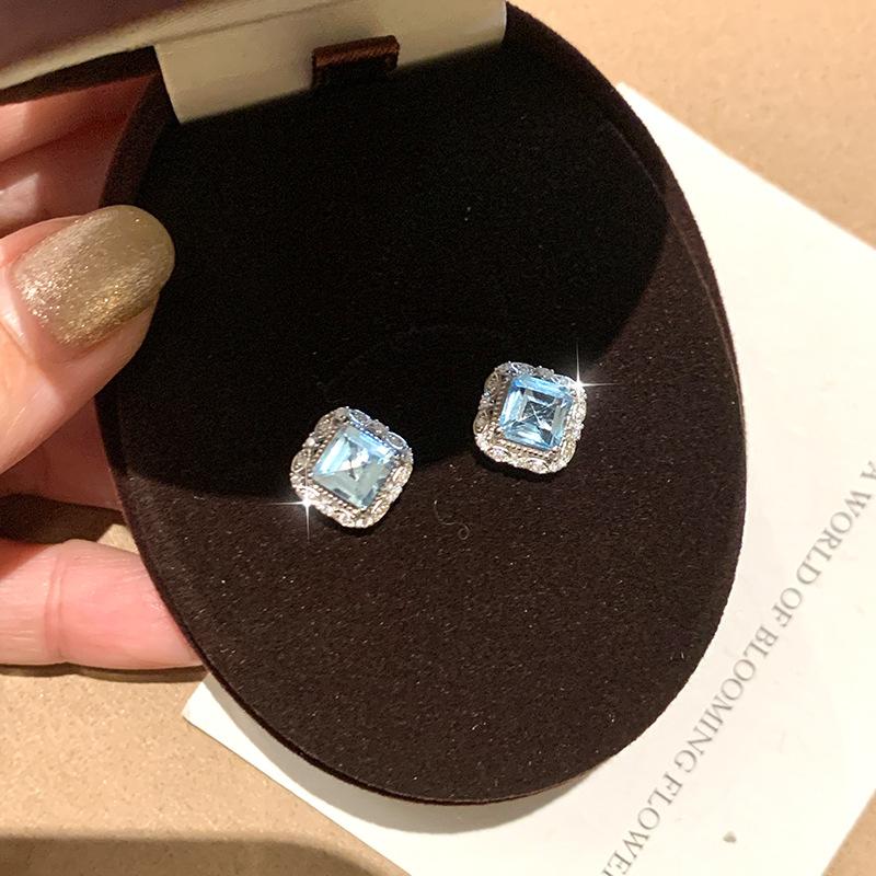 Viral Princess Cut Crystal Earrings, S925 Silver Garnet Studs, Trendy Jewelry