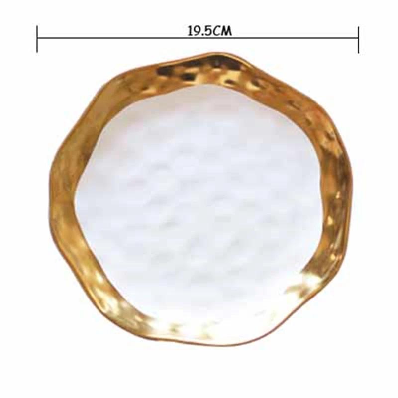 Ceramic White Steak Plate With Gold Edge Breakfast Tray Retro Bowl Dessert Pasta Dishes Western Food Container Ramen Bowl 1pcs
