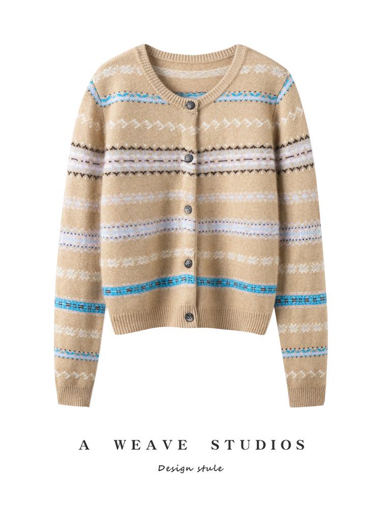 Fair Isle Striped Cashmere Cardigan - Women's Warm Round Neck Jacquard Sweater for Autumn/Winter