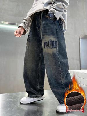 Jungen Fleecegefütterte Einteilige Jeans: Verdickte Winterbekleidung für 2025