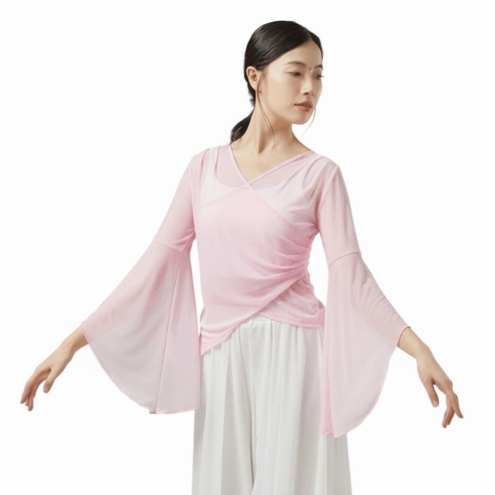 Elegant Chinese Folk Dancewear Sheer Mesh Mesh Top Breathable Classical Dance Top  Women Dancewear S розовый