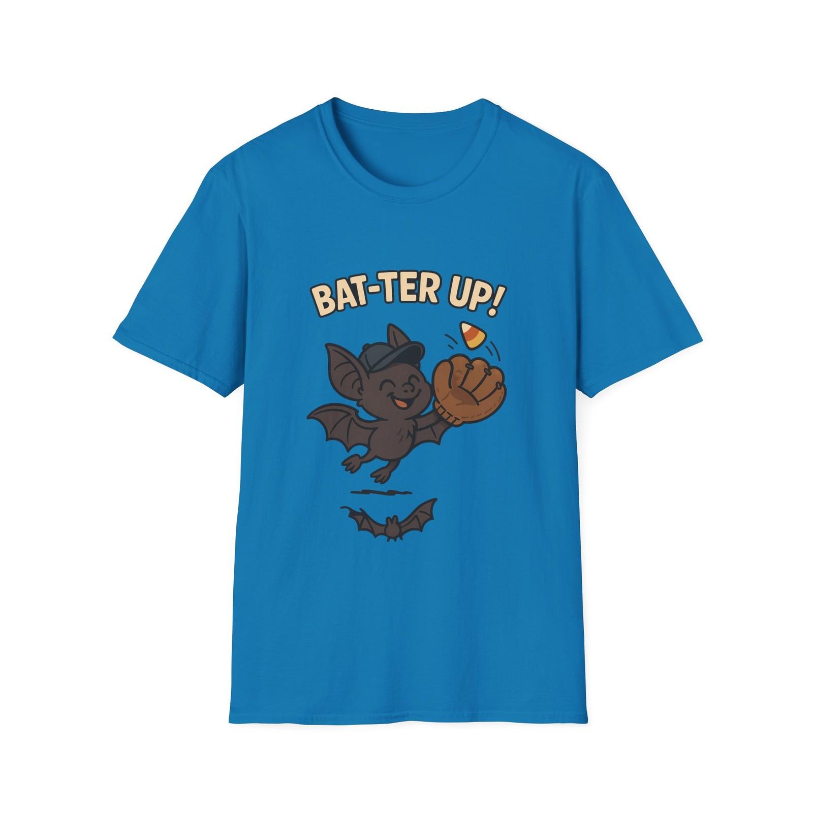 Unisex Softstyle T-Shirt Mens Womens Tees Top Bat-ter Up Funny Halloween Bat Candy Corn Baseball 3XL