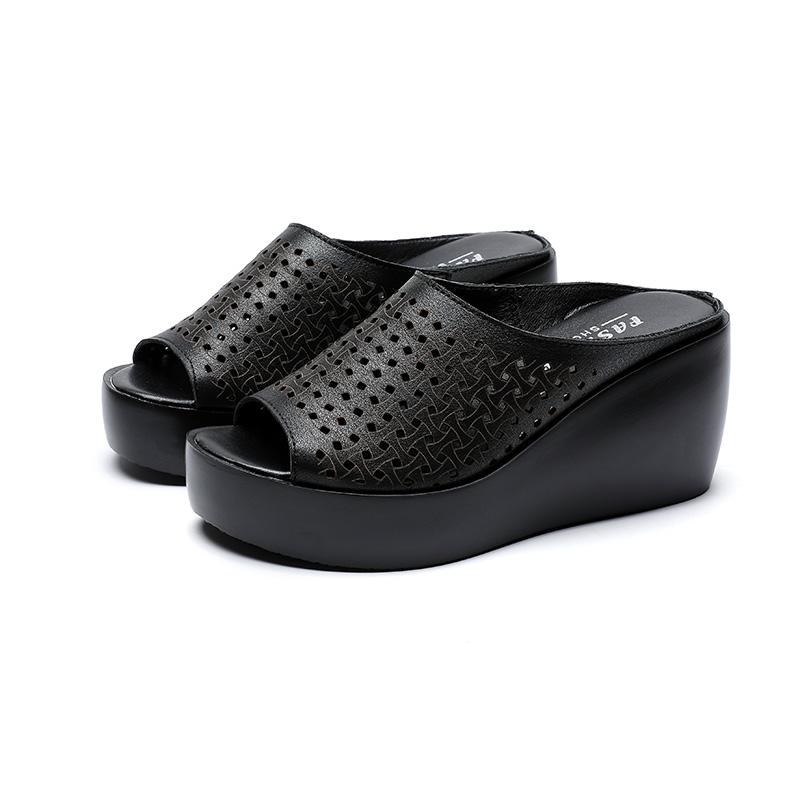 

Модные женские летние шлепанцы GKTINOO из натуральной кожи с открытым носком, сандалии-вьетнамки, женские шлепанцы на танкетке, черные белые шлепанцы 5