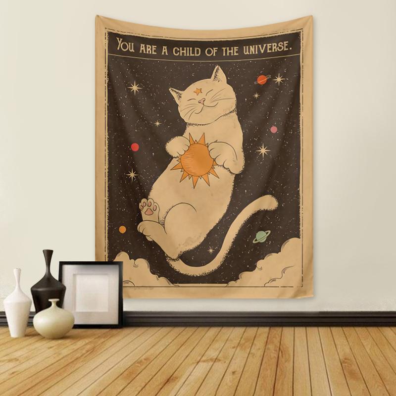 1pz Arazzo Gatto Tarocchi, Arazzo Fase Lunare Sole Universo Cielo Stellato, Appeso a Parete Gatto Carino