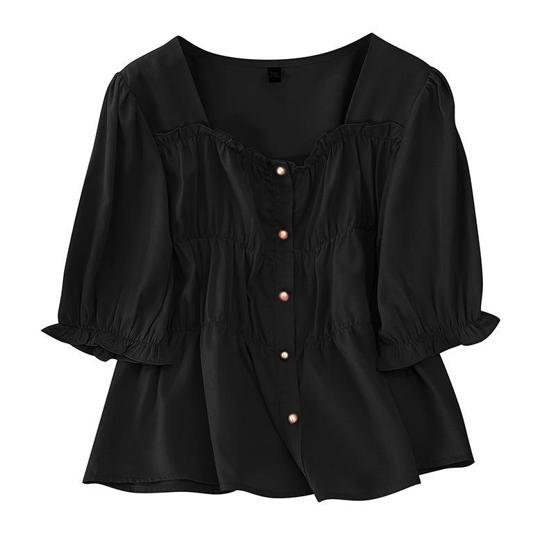 Plus Size Women Short Sleeve Square Neck Solid Color Shirt Summer Fashion Slim Fit Blouse