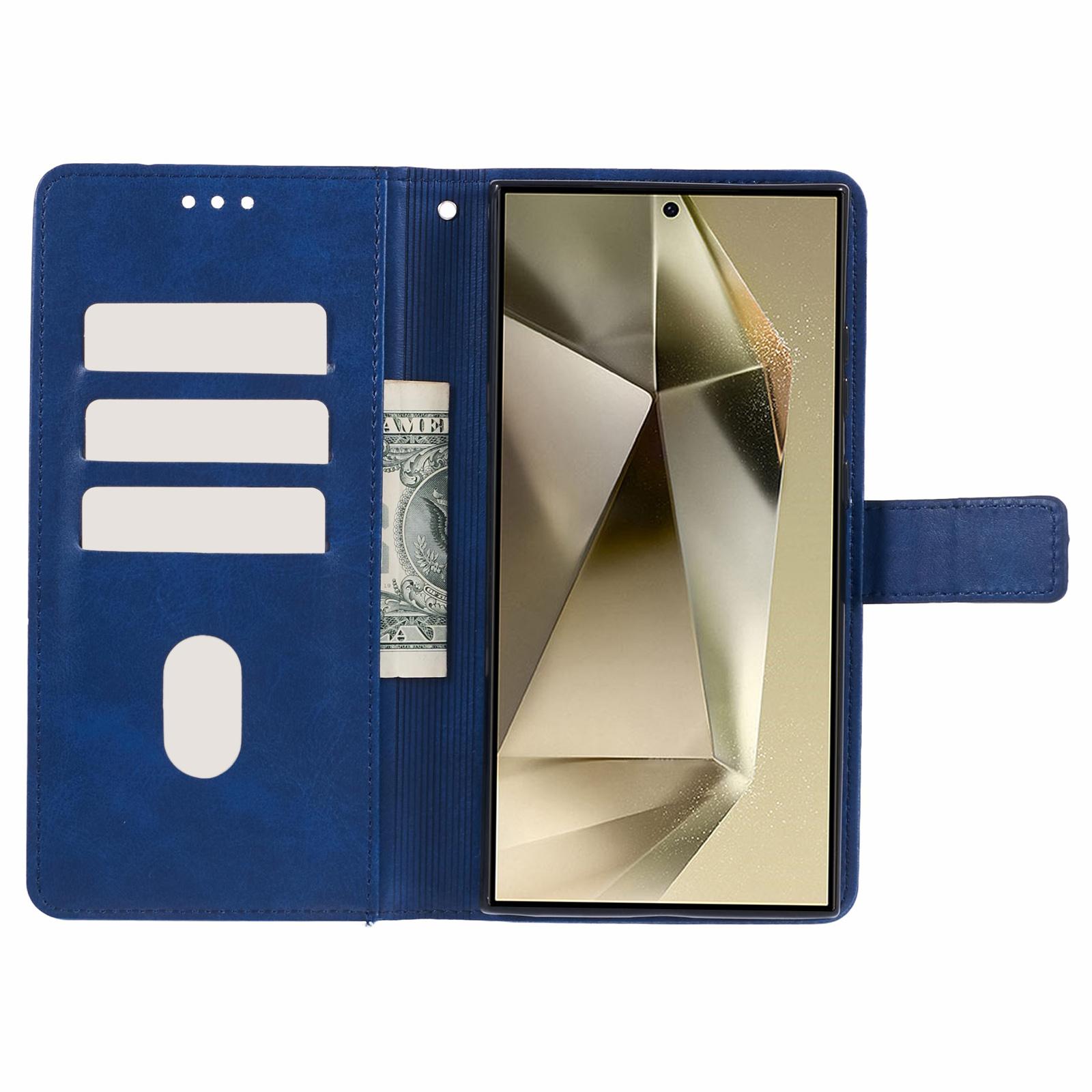 

For Samsung Galaxy S24 Ultra Case Solid Color PU Leather Stand Wallet Phone Cover with Wrist Strap Blue