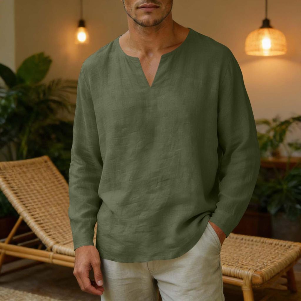 Men's Linen V-Neck T-Shirt Loose Fit Casual Summer Top