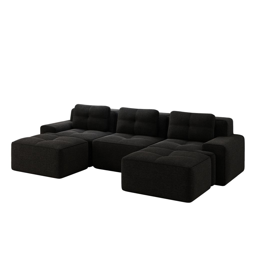 Modulares Sofa Wolke Knochenloses U-förmiges Sofa mit Hocker, 3-Sitzer Cord-Wolkensofa für Wohnzimmer, Montagefreies Sofa, Schwarz