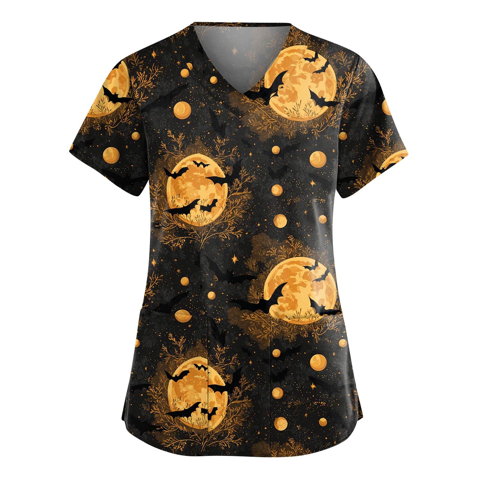 

Women s Fashion V-Neck Short Sleeve Overalls With Pockets Halloween Printed Tops Apparel M чорний