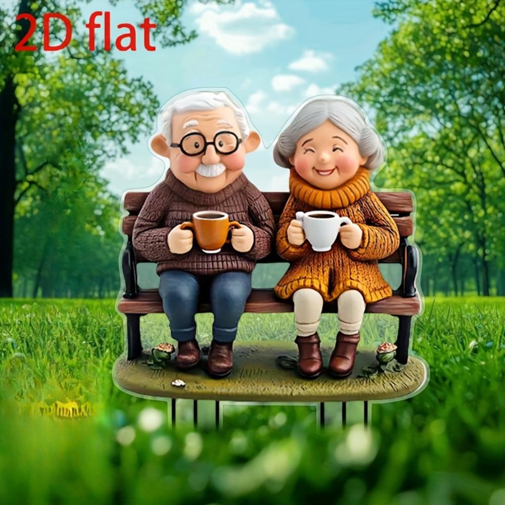 Teselskap for eldre par, 2D flat akryl, romantiske hagepynt til Valentinsdagen, egnet for plener, terrasser og hager, jul, Halloween