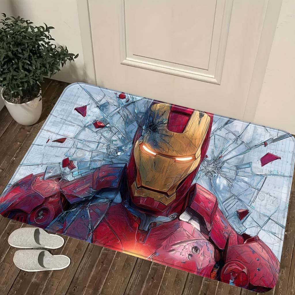 Marvel Has Authorized 1pc Cartoon Printed Floor Mat, Iron Red And Golden Armor Shattered Glass Background Hero Image, Easy to