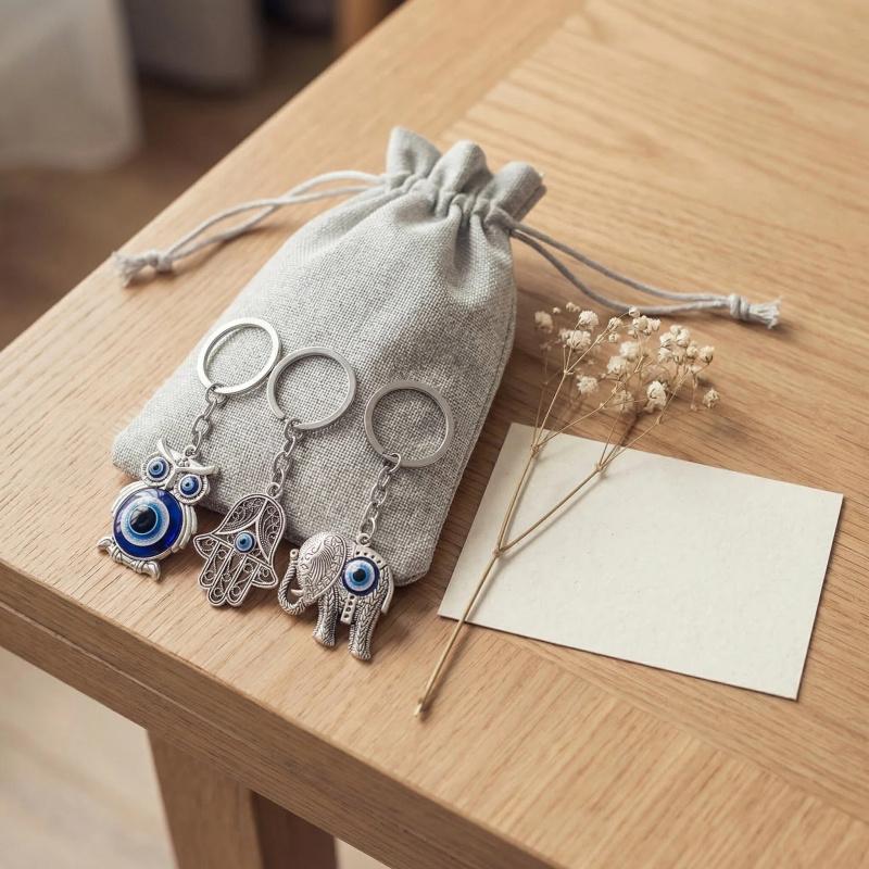 Bonne Chance Nazar Oeil Bleu Porte-clés Argenté Vintage Hibou Éléphant Main de Fatima Pendentif Porte-clés Talisman Bijoux Cadeau Pour Hommes Femmes