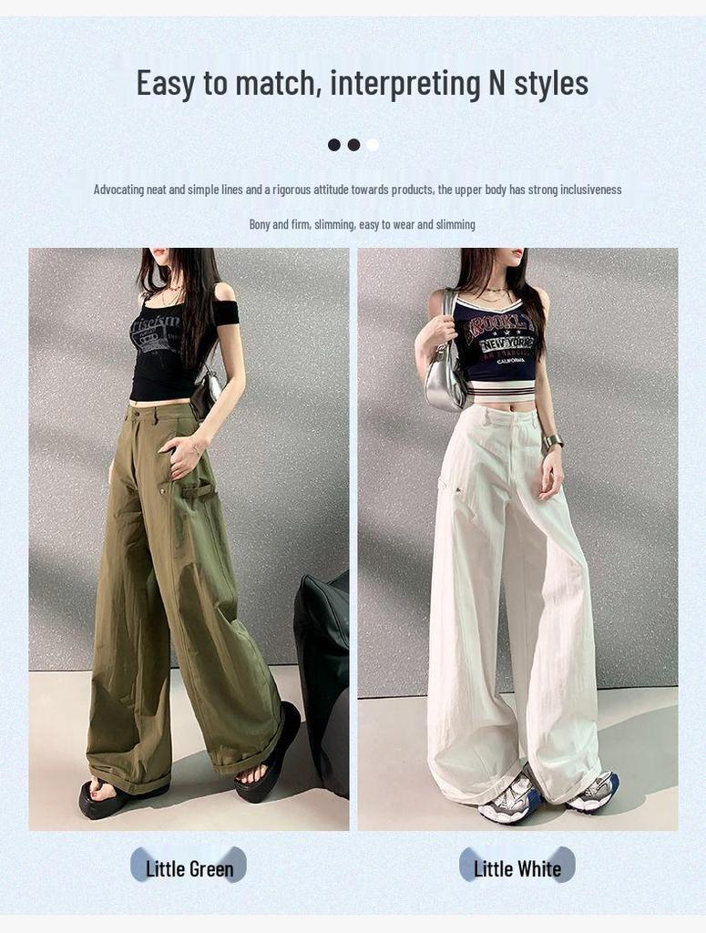 Women's American Style Green Wide-Leg Workwear Pants - Summer Loose Fit, Thin, Floor-Length, Casual 2026.