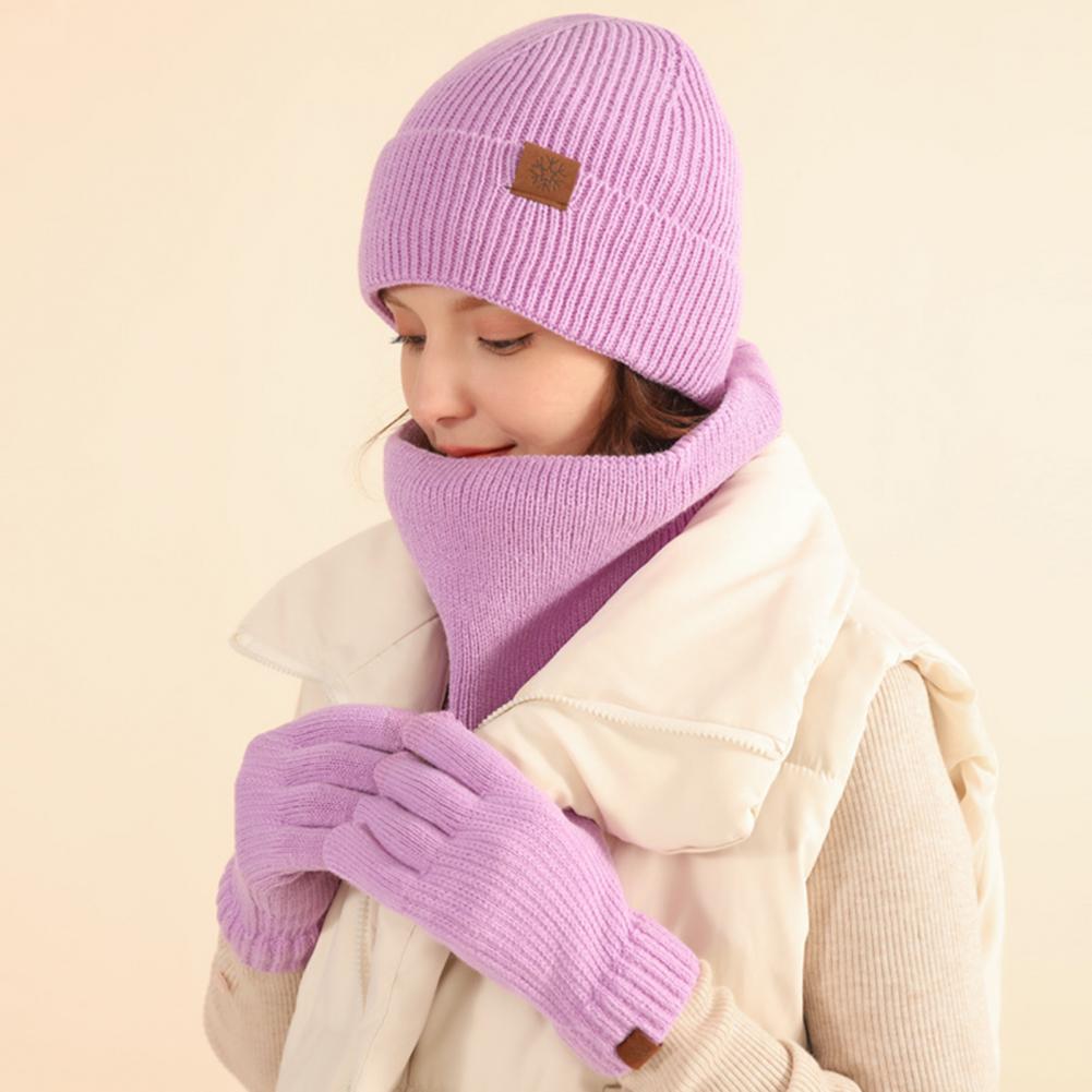 3 Pcs/Set Women Winter Hat Scarf Gloves Set Thick Plush Knitted Warm Cap Gloves Elastic Ear Windproof Wi