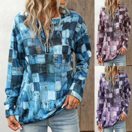 2023 European & American V-Neck Zipper Printed Short-Sleeve Loose Women's Top