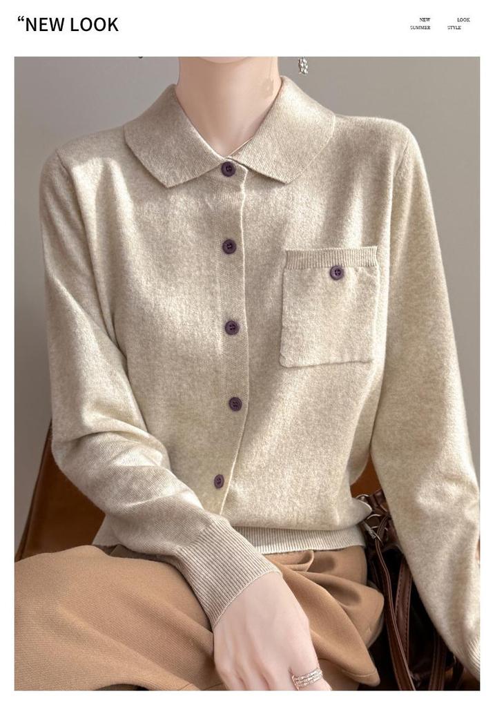 Women's Autumn Lapel Pocket Wool Cardigan – Long Sleeve Solid Color Knit Outerwear