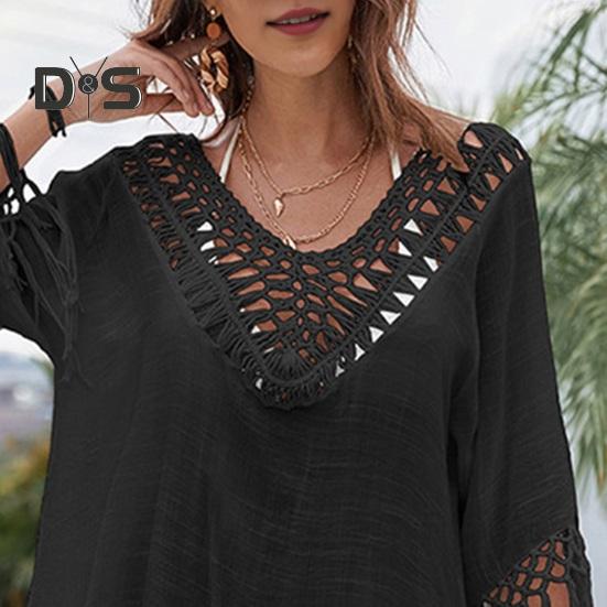 Beach Cover Up Dress V-Neck Woven Hollow Neckline Fringed Cuffs Hem Bikini Cover Up UV Protection Beach Dress