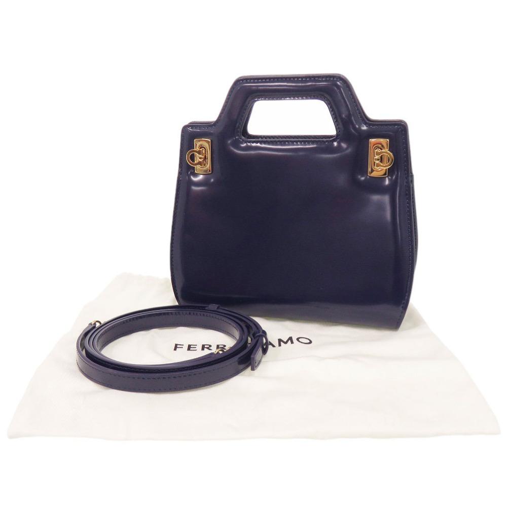 Used AUTHENTIC Salvatore Ferragamo 213485 Gancini Wanda Mini Hand Bag blue Leather