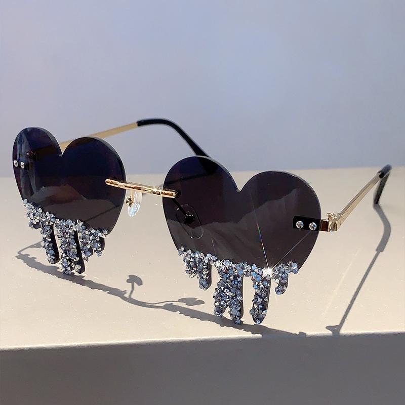 1/2 Pairs Heart Shaped Sunglasses with Rhinestones Women Fashion Rimless Rave Shades Trendy Original Design Sun Glasses