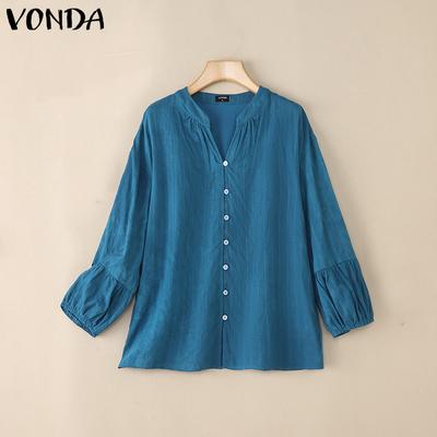 Vintage Women V-Neck Long Sleeve Texture Loose Casual Retro Blouse