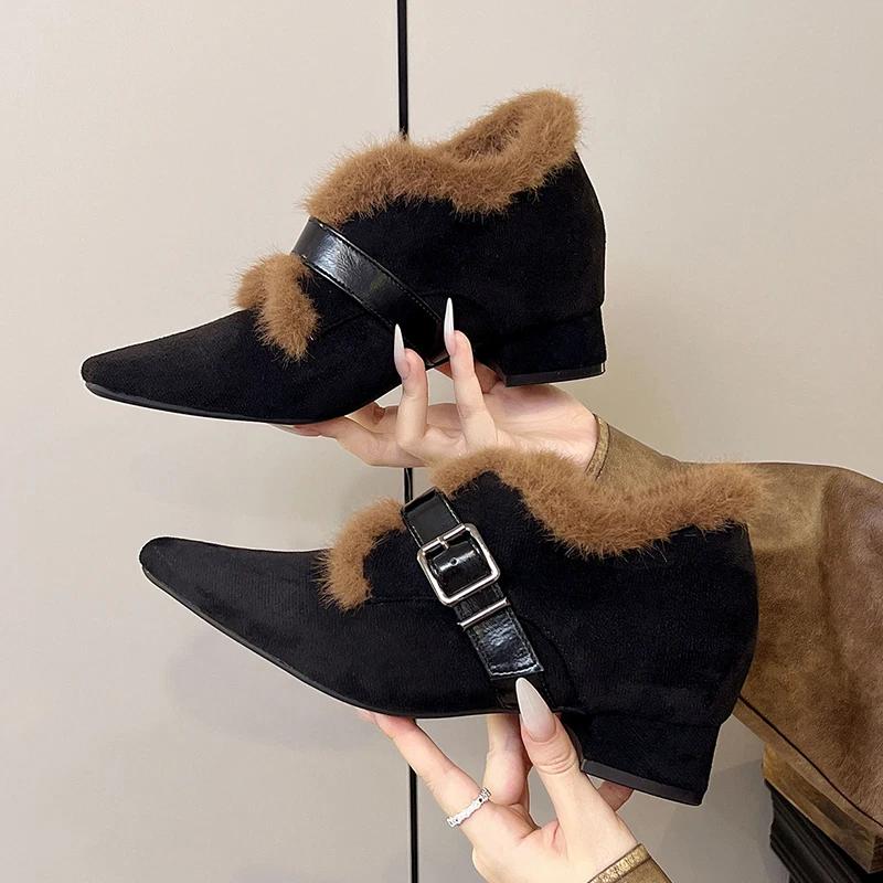 Fur Women's Snow Boots Sexy Heeled Pointed Toe Suede Shoes Fashion Ankle Boots New Warm Elegant Trend Dress Mujer Botas