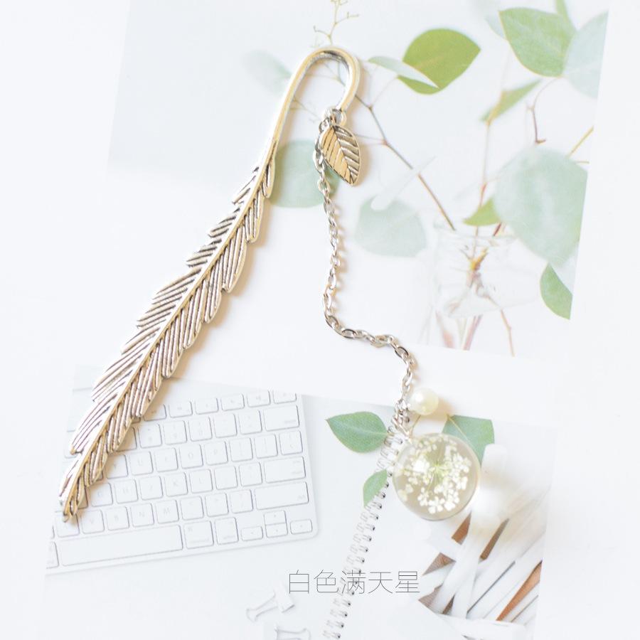 Alloy Feather Bookmark Dried Flowers Pendant Book Marker Teacher Gift Student Stationery School Office Supply Escolar Papelaria