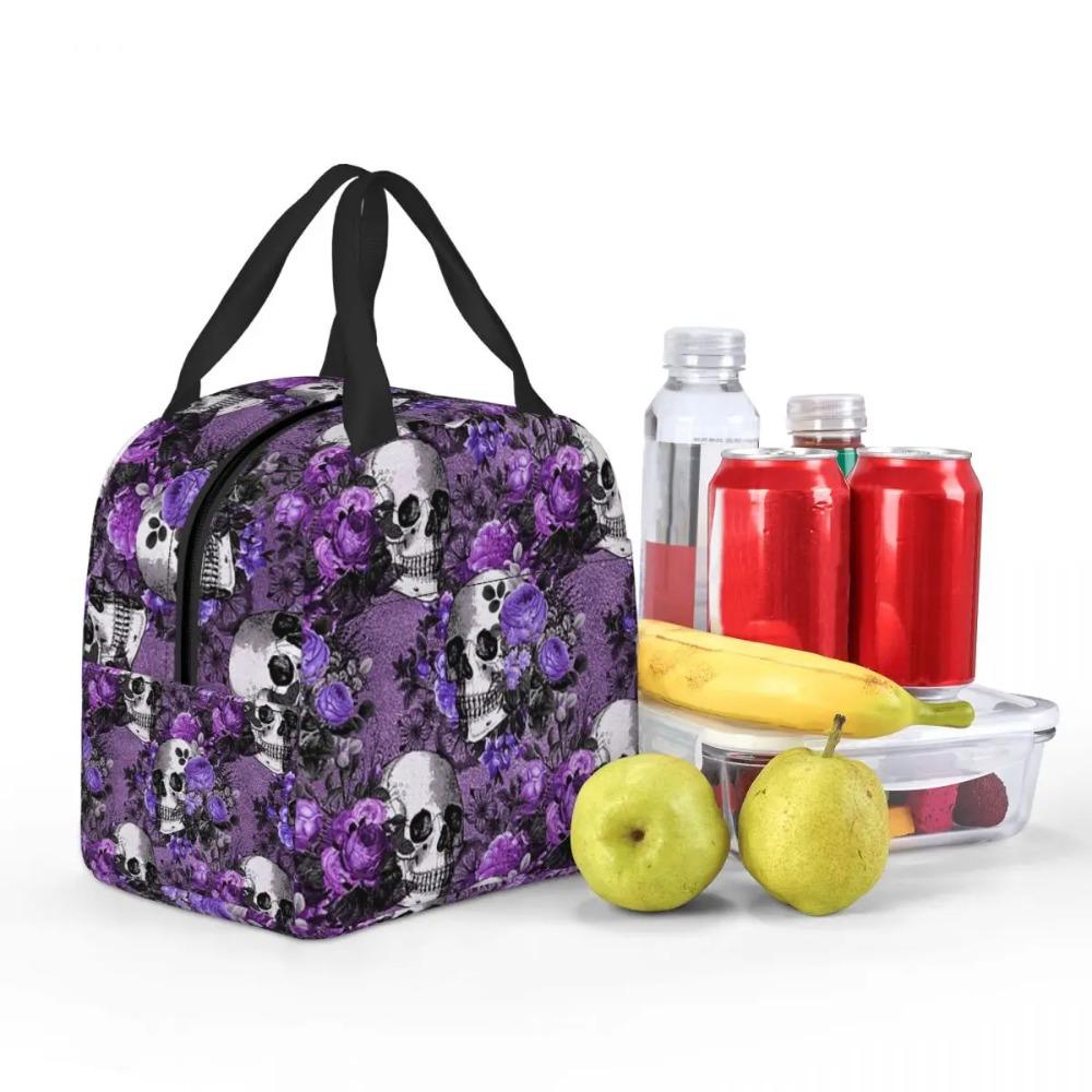 Gothic Violet Flower Skull Insulated Lunch Bag for Women Office Cooler Thermal Food Box Tote Portable Lunch Boxes Container
