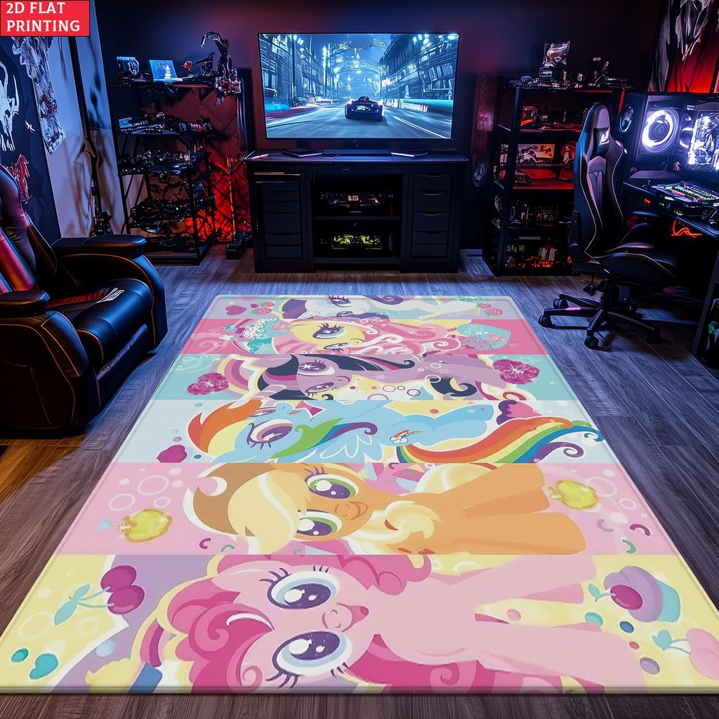 Cute Cartoon Pony Area Rug, Colorful Fruit Theme Non-slip Mat, Decorative Carpet for Kids Girls Bedroom, Washable Home Gift