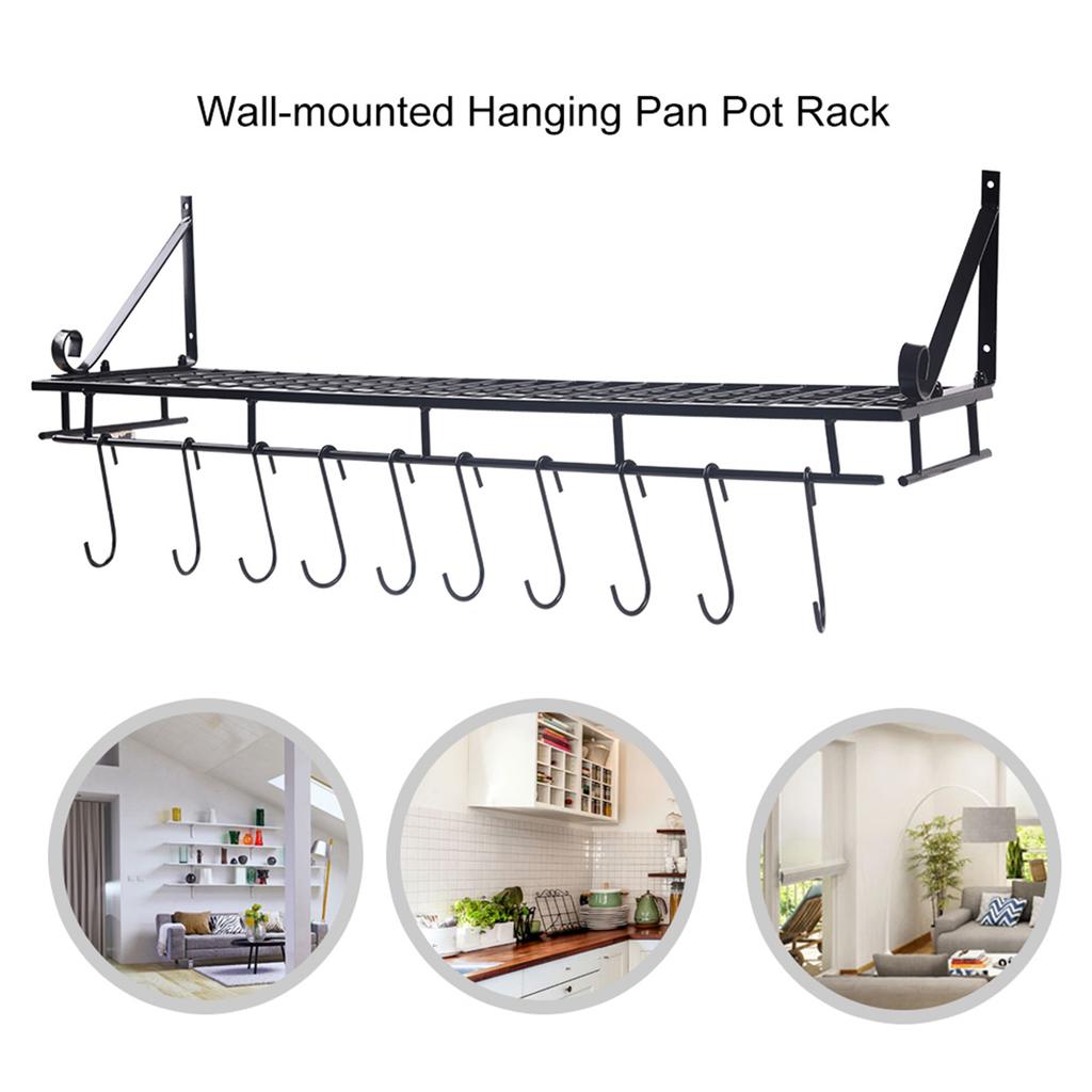 Metal Hanging Pan Pot Rack Wall Mounted with 10 Hook Holders Kitchen Storage Organizer