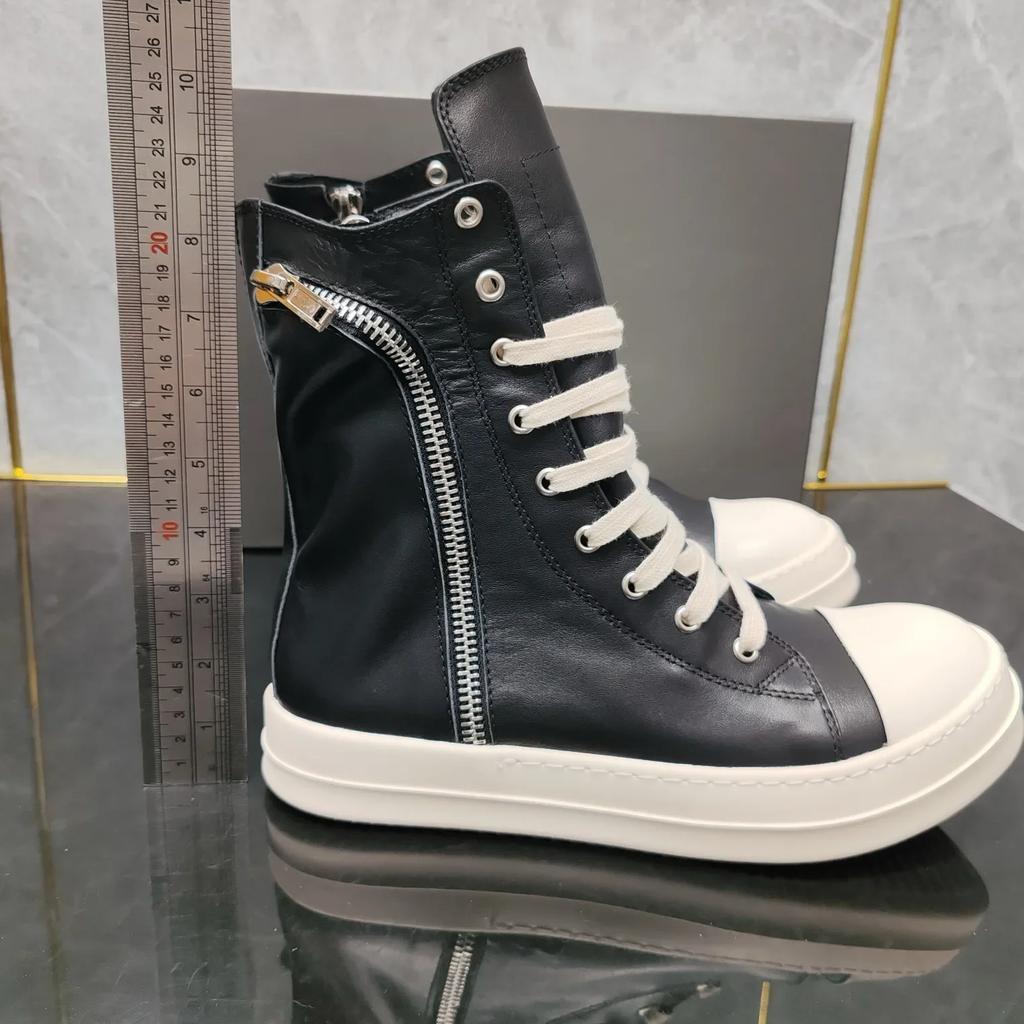 Top Quality Thick Bottom Black Cowhide Pocket High-top  with Zipper Fashion Men's Shoes Women's Shoes  Harajuku Style.