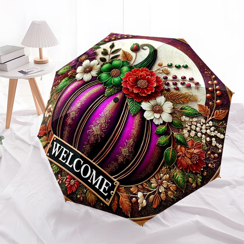 Autumn Welcome Sign with Purple Pumpkin and Flowers - Fall Decorative Plaque for Home or Garden Umbrella, Christmas Gift Y98
