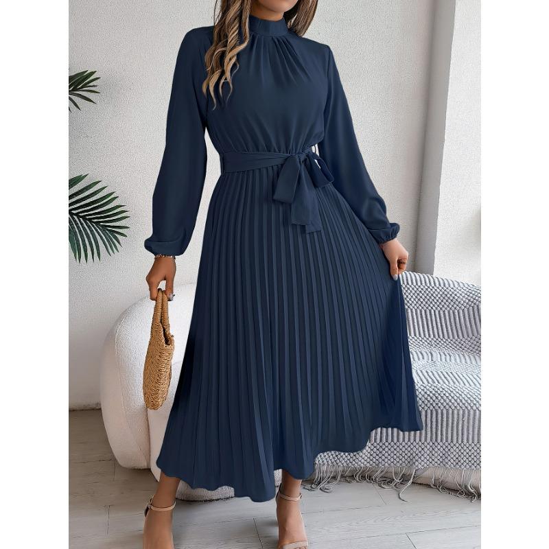Spring and Autumn Elegant Stand Collar Long-sleeved Waist-fitting Pleated Women's Dresses