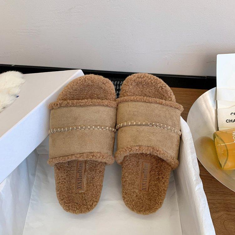 Thick-bottomed Boken Fluffy Slippers for Women's Outerwear One-word Drag with Fleece To Keep Warm 2025 New Autumn and Winter Retro Cotton Slippers