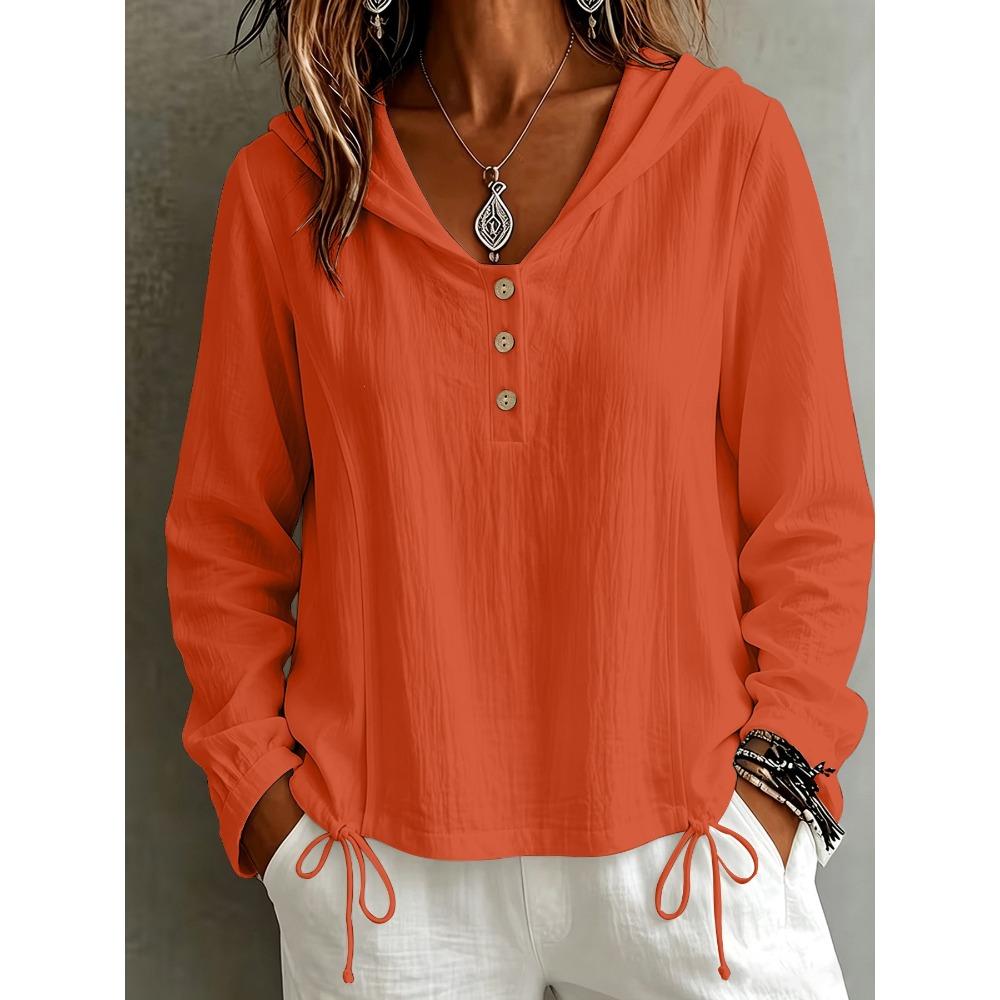 Herbst Winter Mode Lässig Einfarbig Knopf Kapuze Langarm Hemd Damen Oberteil Bluse