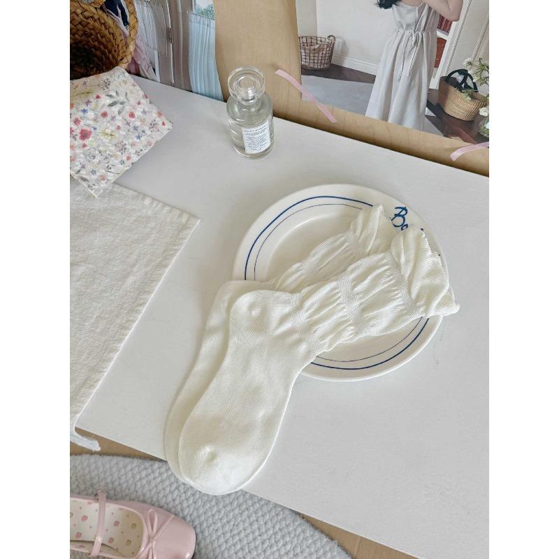 Summer Lightweight Sock Children's Mid-length Pile Socks with Geometric Diamond Pattern Lace Pure Cotton Socks, White Socks
