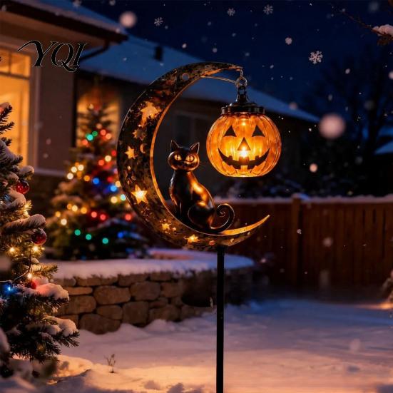 Black Cat And Pumpkin Lawn Decor Halloween Solar Garden Light, Moon Stake Pathway Lights for Home Courtyard Waterproof LED Yard Decoration Outdoor