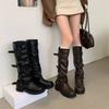 Women's Thick Bottom Brown Long Knight Boots Mid-Calf Motorcycle Boots Black Autumn Winter New Style Over-Knee Boots