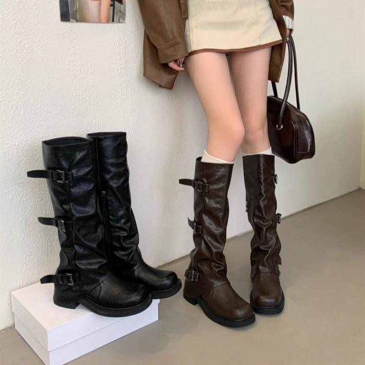 Women's Thick Bottom Brown Long Knight Boots Mid-Calf Motorcycle Boots Black Autumn Winter New Style Over-Knee Boots