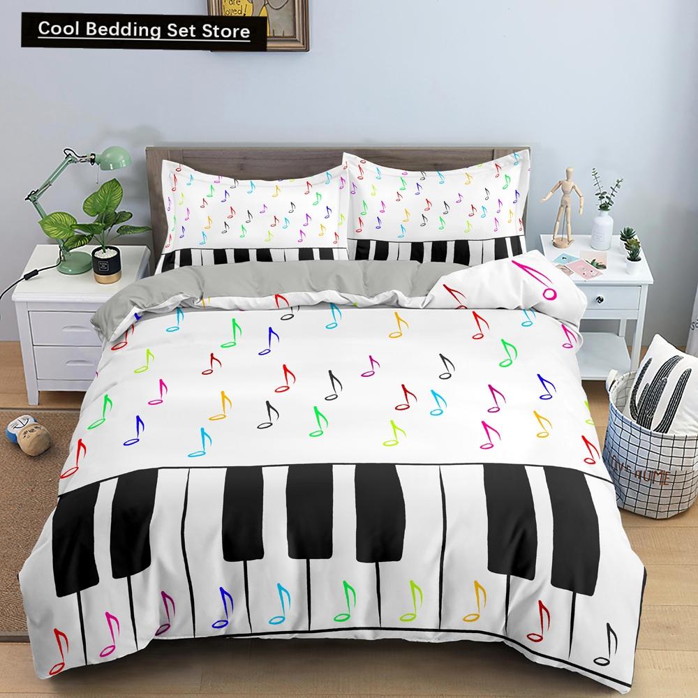 Piano Music King Queen Duvet Cover Musical Notes Bedding Set For Kids Teens Girls Black And White Piano Keys 2/3Pcs Quilt Cover