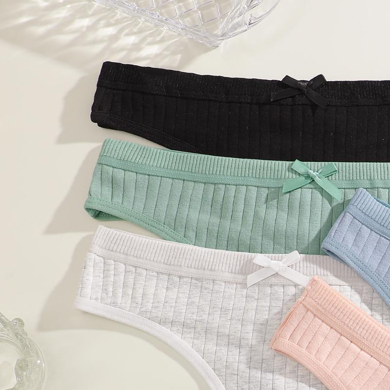 Duży Rozmiar 3 Szt. Damskie Bawełniane Stringi Seksowne Prążkowane Oddychające Majtki Codzienna Urocza Bielizna z Kokardką Dziewczęca Niska Talia G-String Lingerie