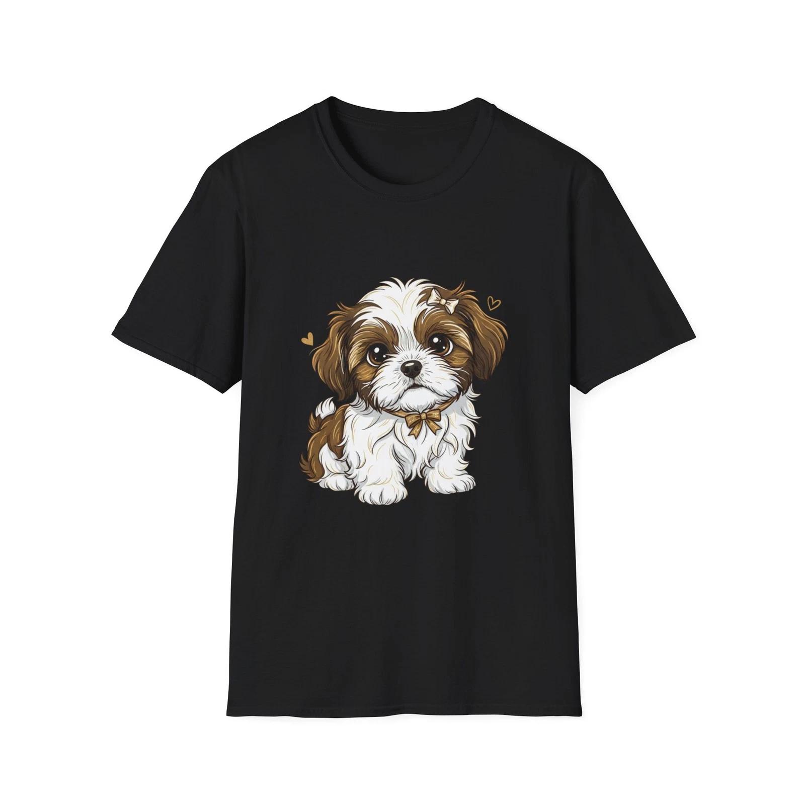 Dog Cute Kawaii Illustrated Black Tee Adorable Pet Graphic T-Shirt XL