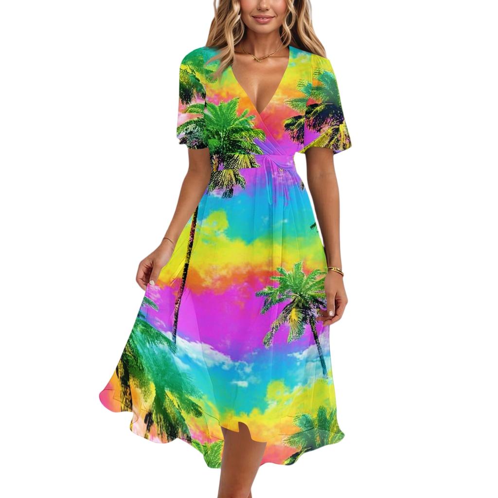 Women's Fashion Casual V Neck Short Sleeve Ruffled Vintage Printed Dresses