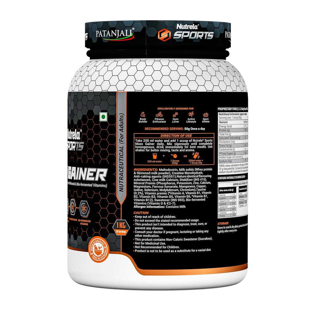 Nutrela Sports Mass Gainer 1KG Vanilla Ice Cream Protein Powder for Muscle Growth and Fitness
