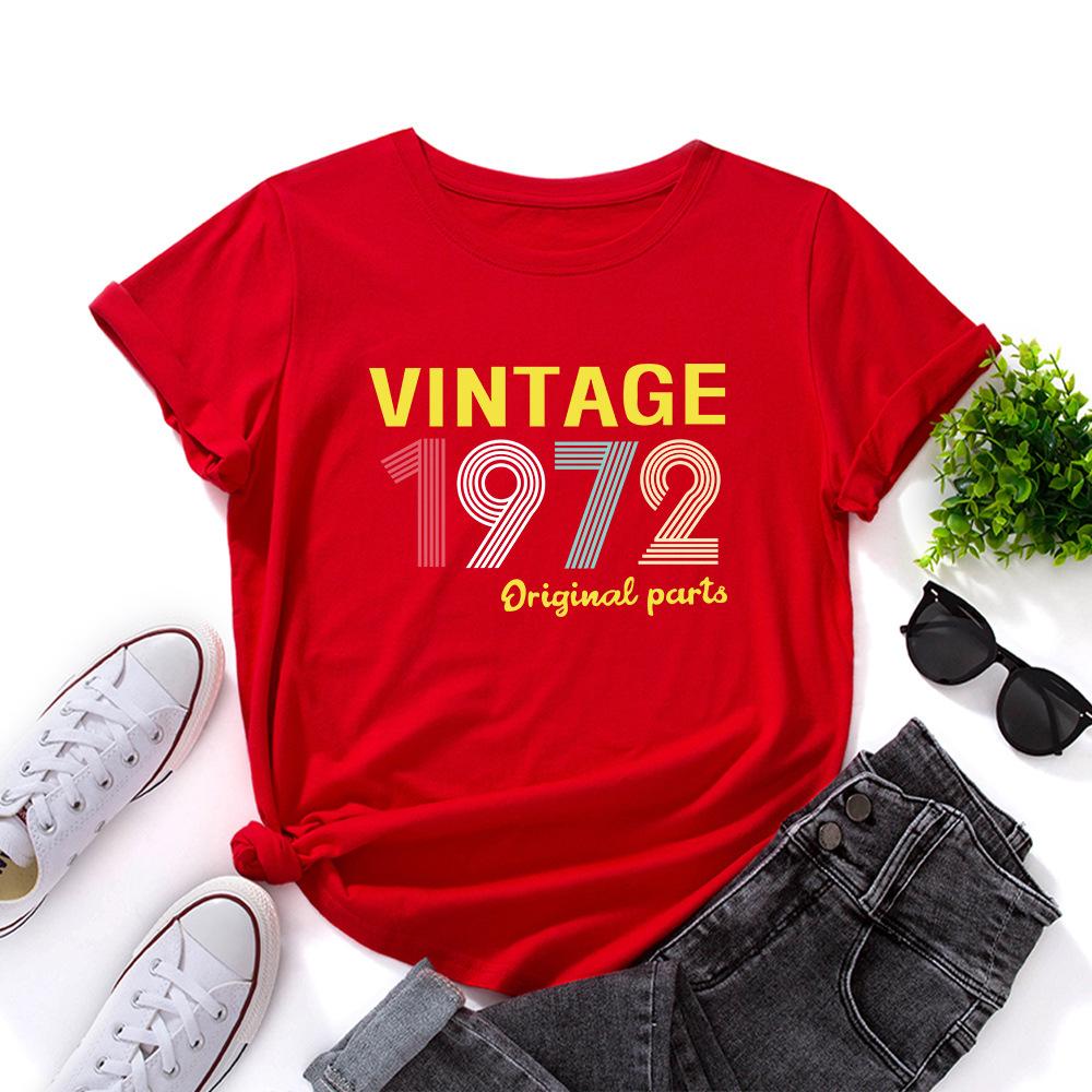 1972 Vintage Alphabet Cotton T-Shirt Short Sleeve Round Neck Women 2d Print Tops