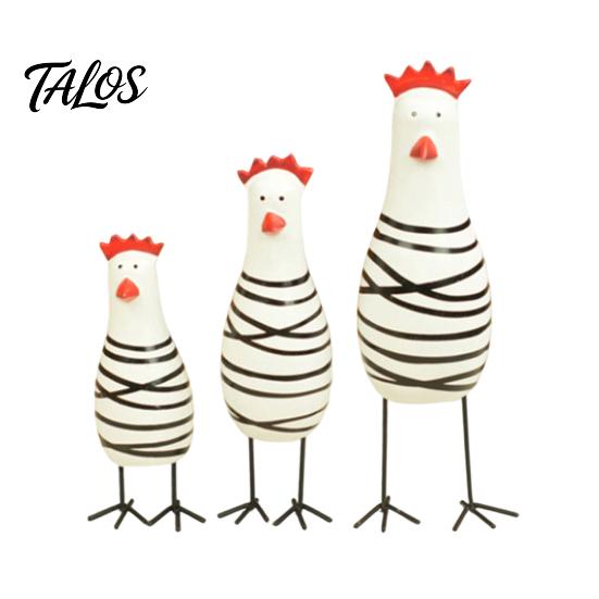 Farmhouse Style Decorations 3Pcs Hand-Painted Wooden Chicken Figurine Set, Cute Animal Desktop Decor with Striped Black Solid Wood Figurines