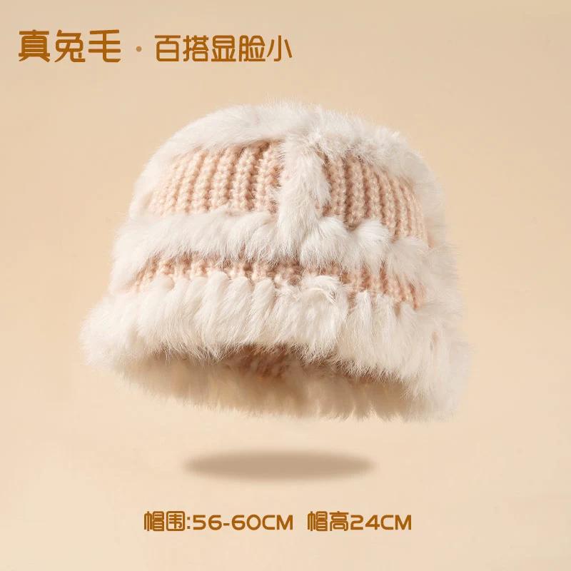 Chapeau seau tricoté en fourrure de lapin pour femme, nouveau chapeau de bassin thermique épais en peluche montrant un petit chapeau de fourrure pour le visage, hiver 2023