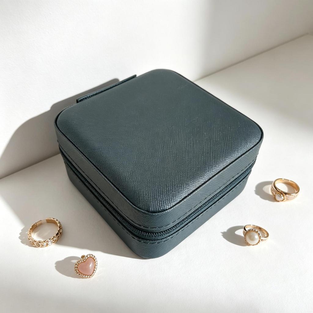 Caja de joyería compacta de cuero para mujer: un bonito organizador para colgantes, pendientes y anillos.