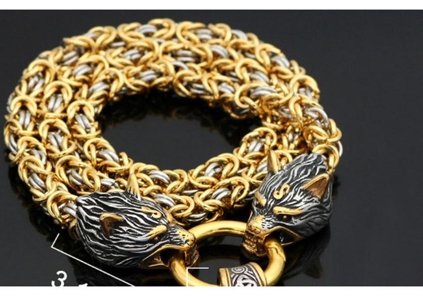 Viking Wolf Head Gold Thor s Hammer Two-Tone Stainless Steel Necklace