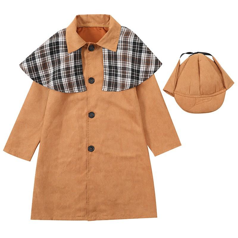 Kids Detective Costume Set Halloween Party Cosplay Outfit Long Sleeve Plaid Suit With Hat Glasses