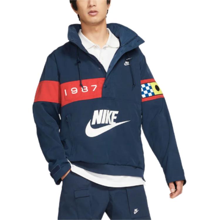 Nike Logo Print Single-Breasted Drawstring Hooded Jacket Men Jacket Navy-Blue DA0367-410